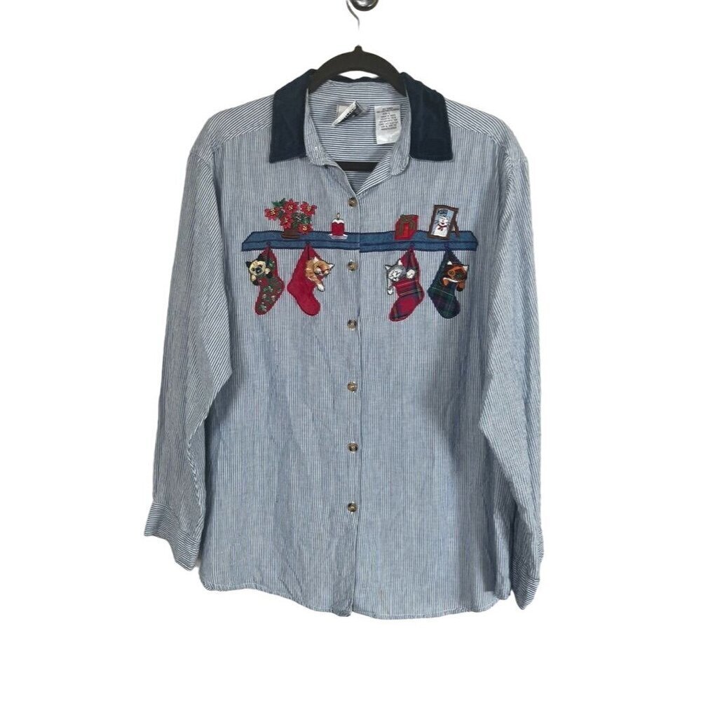 Christmas Striped‎ Shirt L Cat Embroidery Festive Holiday Preppy Classic Retro